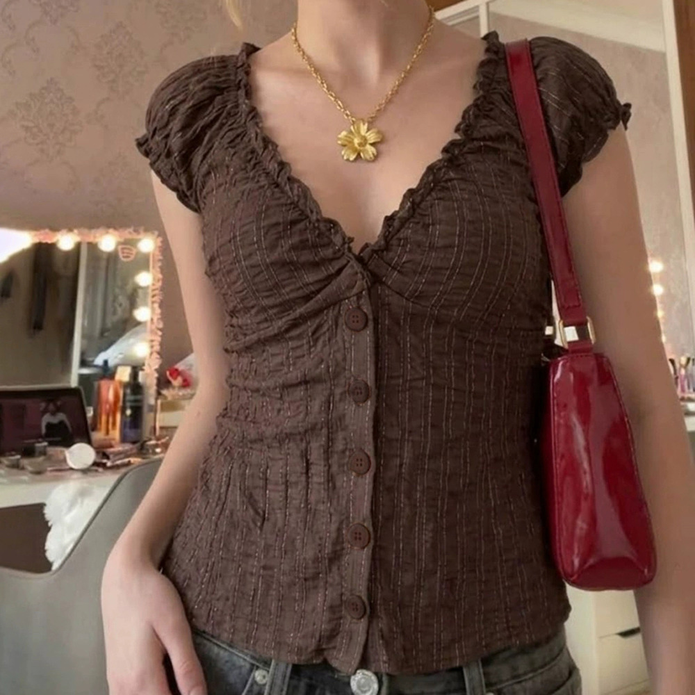 Zara Striped Ruffle Button Front Fitted Blouse - Picture 3 of 7